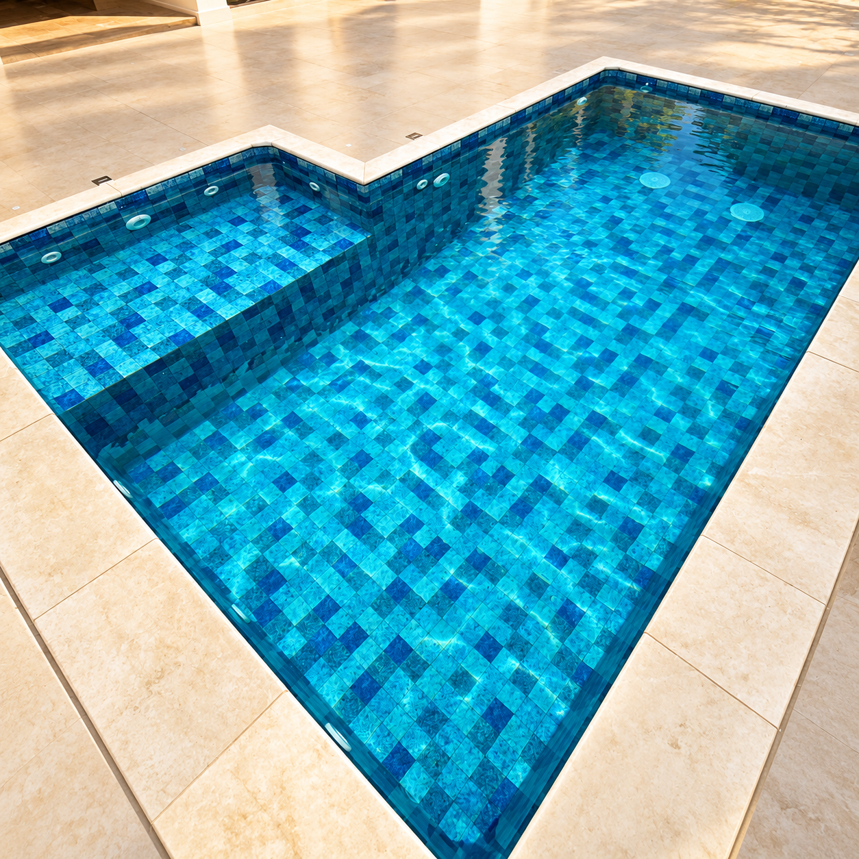 Piscina de vinil com revestimento em mosaico azul
