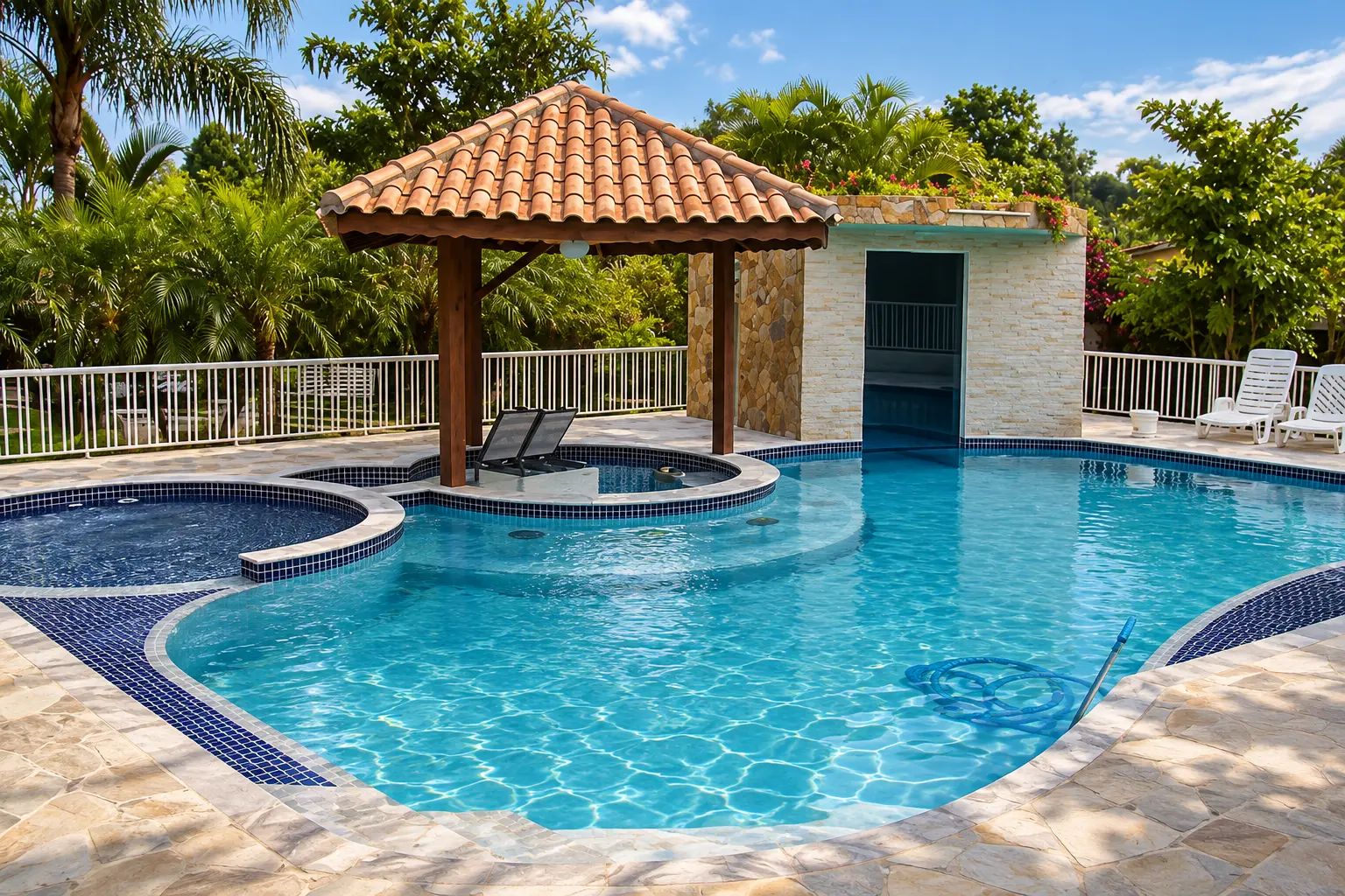 Piscina com ilha coberta e área de lazer