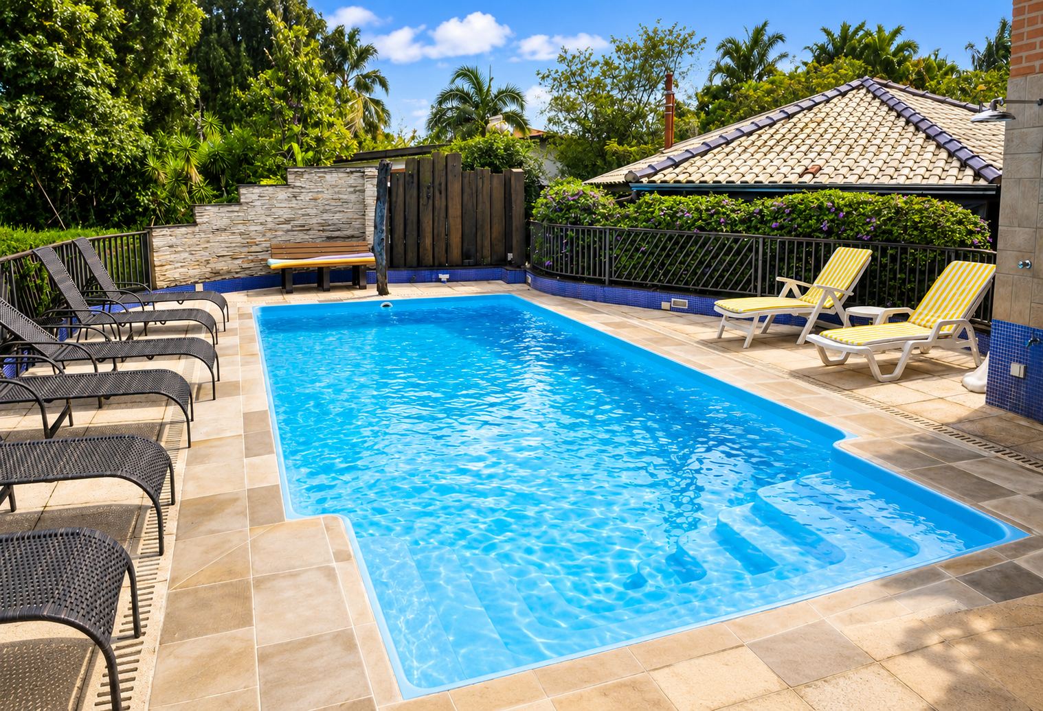 Piscina de fibra com deck e espreguiçadeiras