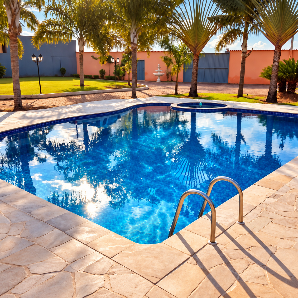 Piscina ampla com paisagismo e palmeiras